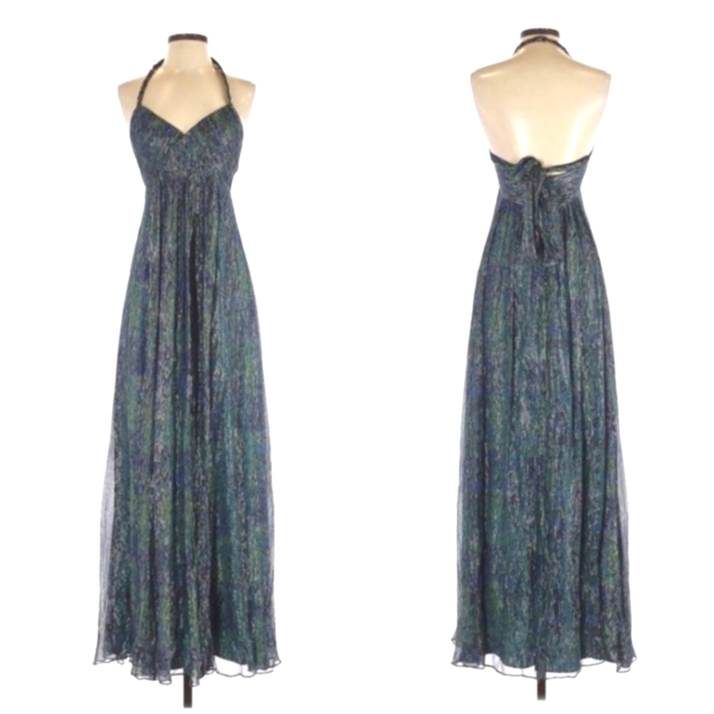 BCBG Maxazria Silk Gown Snake Print Metallic Green Blue With Chain Halter
